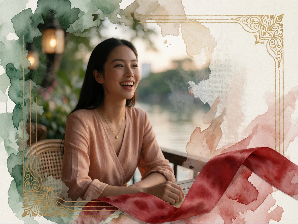 Thai woman laughing softly at a riverside terrace table in Chiang Mai during late-afternoon light