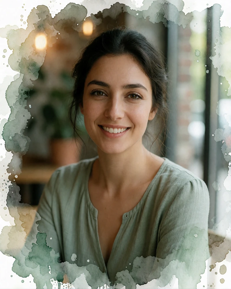 Armenian woman in a sage green blouse smiling in a warm café interior in Yerevan