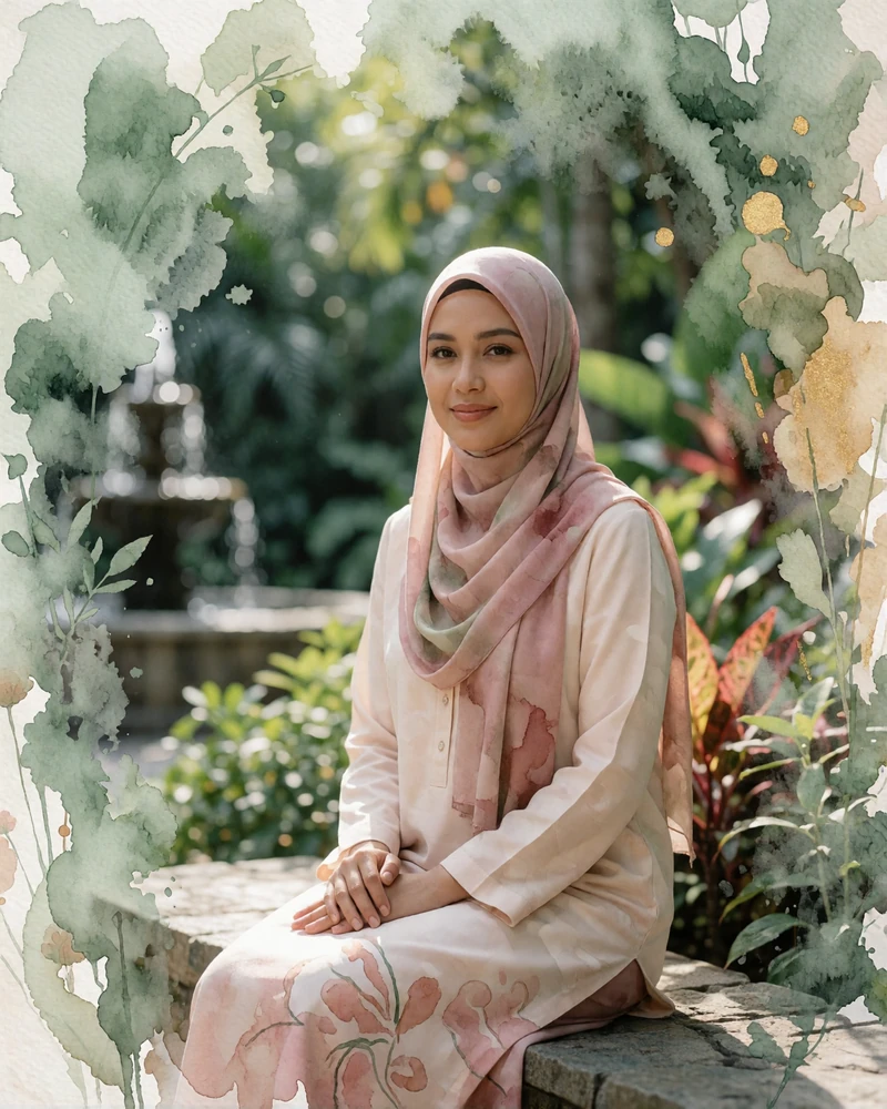 Bruneian woman in a pale blush tunic and matching scarf seated on a stone bench in a lush tropical garden courtyard