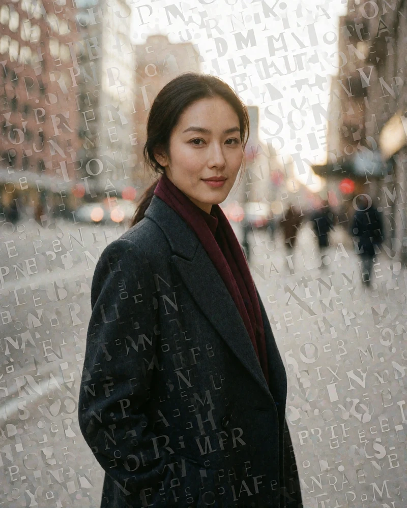 Mongolian woman in a charcoal wool coat with a burgundy scarf on a city sidewalk