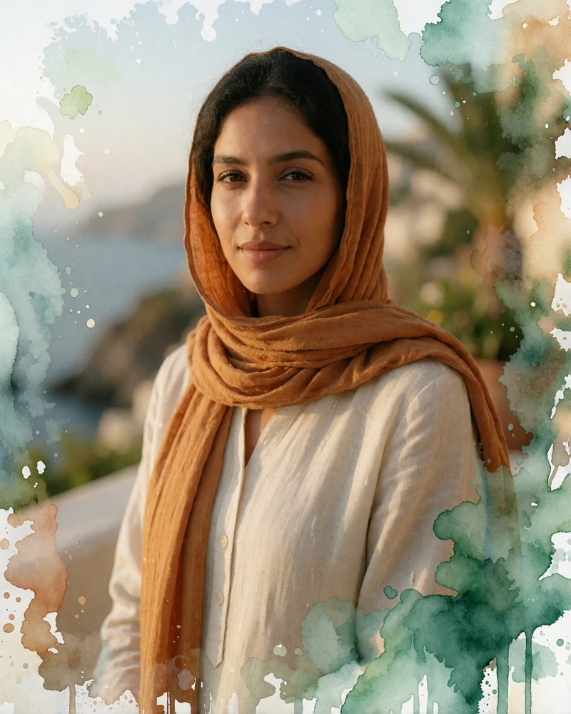 Yemeni woman in an ochre headscarf and cream tunic on a coastal terrace in Aden at late afternoon
