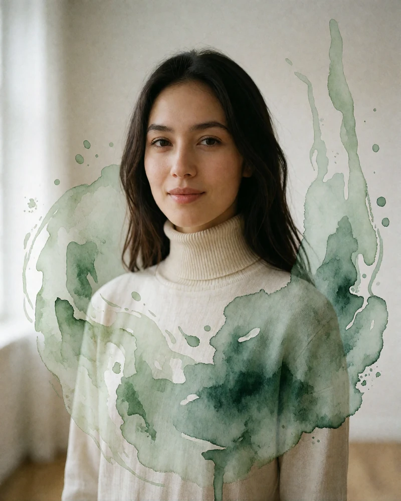 Kyrgyz woman in a cream turtleneck smiling warmly in a bright minimal interior in Bishkek