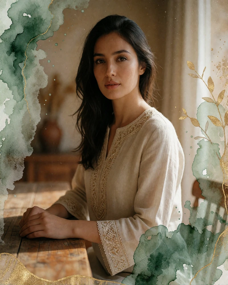 Tajik woman around thirty in an embroidered cream tunic seated at a wooden table in Khujand