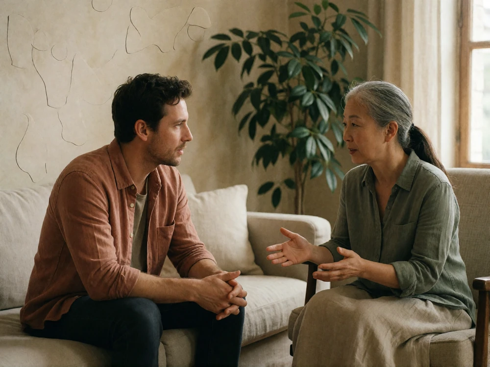 Western man and East Asian woman sitting attentively on a linen sofa while an older relative speaks with them in a family living room