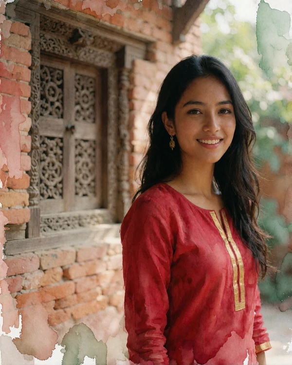 Nepalese woman in a crimson kurta with gold trim smiling warmly in a sunlit courtyard in Kathmandu