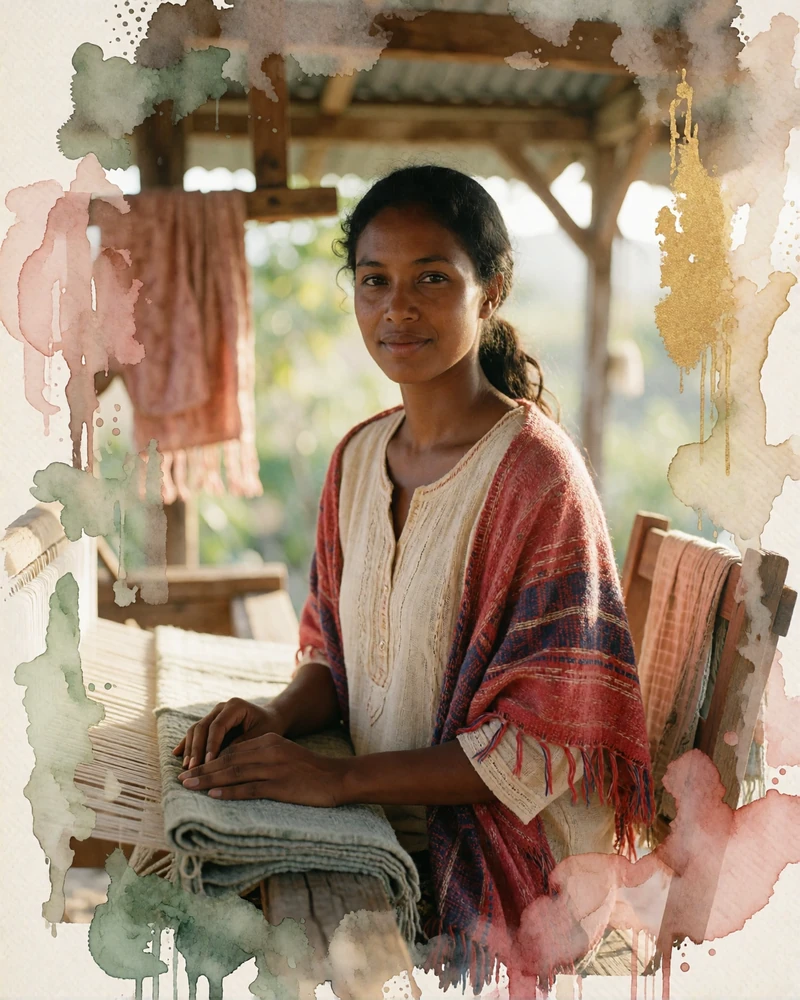 Timorese woman with a red and indigo tais shawl seated beside a wooden loom in a sunlit workshop in Baucau