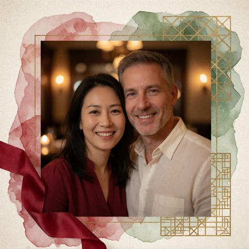 Chinese woman and Western man smiling together in a warm restaurant setting, a MatchAsian success story