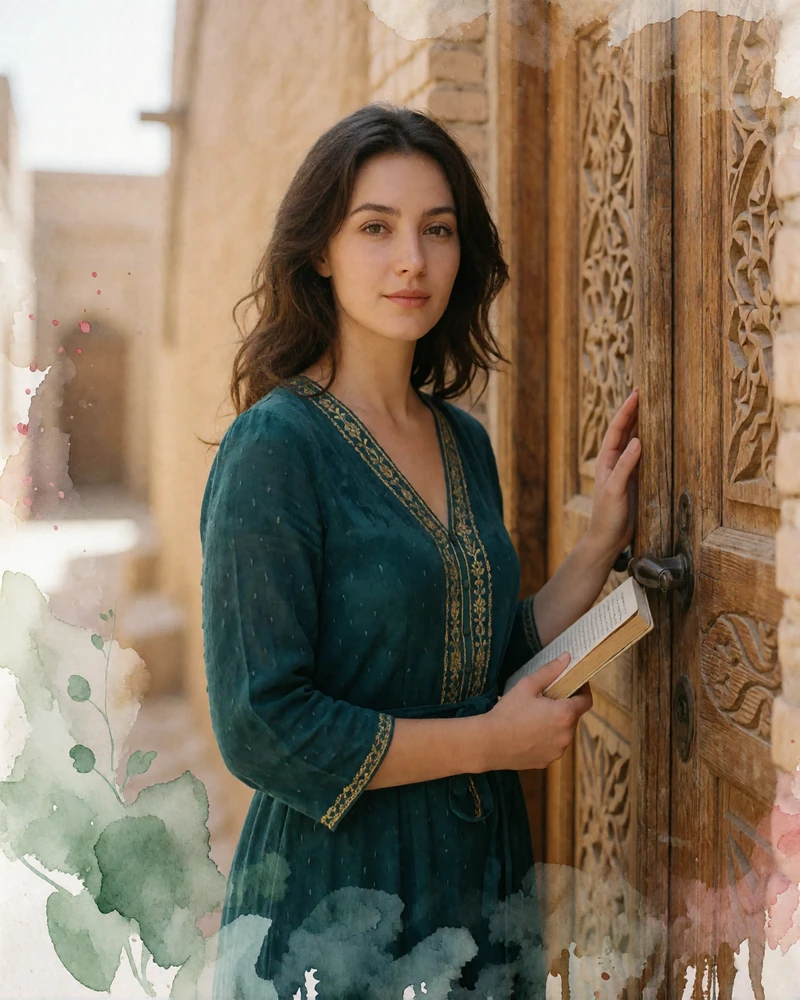 Uzbek woman in a teal embroidered dress beside a carved wooden door in Khiva's old town