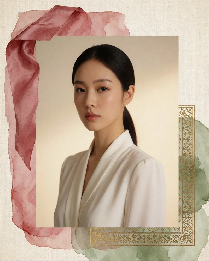 Korean woman with a sleek low ponytail in a crisp white blouse against a soft cream studio backdrop