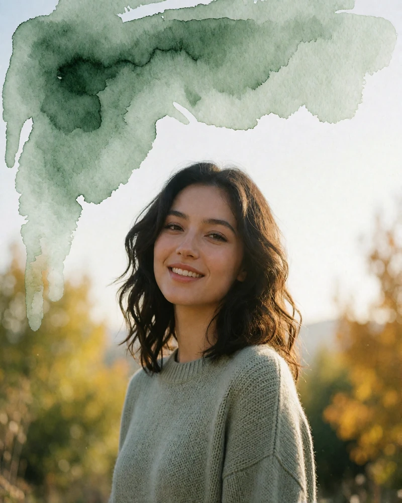 Young Kyrgyz woman in a sage knit sweater smiling outdoors against autumn foliage in Karakol