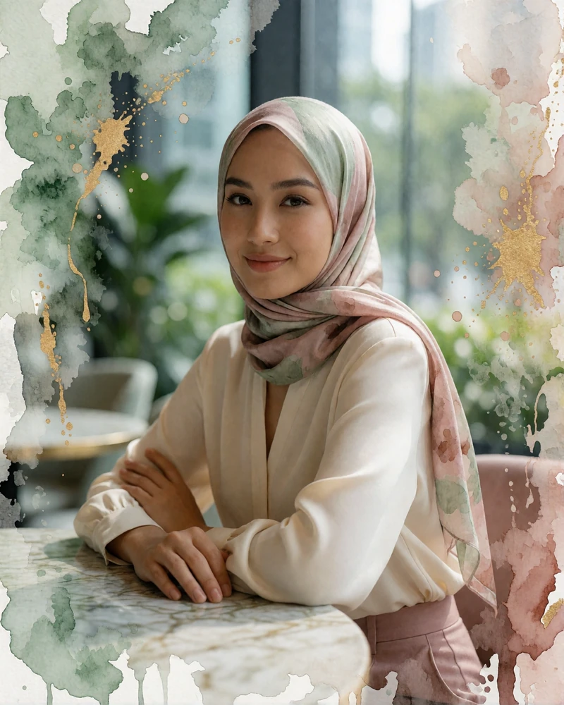Malaysian marketing professional in a tailored cream blouse and silk headscarf smiling at a bright Kuala Lumpur atrium cafe