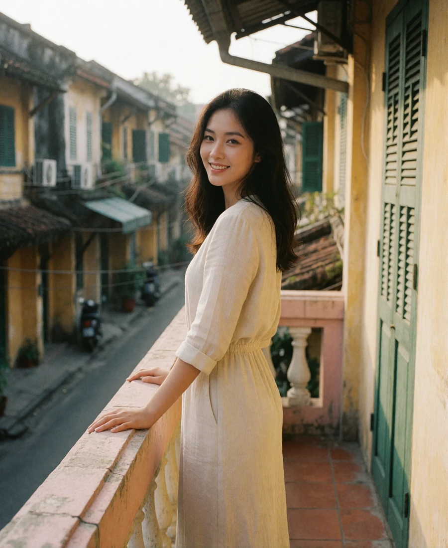 Vietnamese woman in her late twenties on a tiled balcony above Hanoi's Old Quarter, smiling toward the camera
