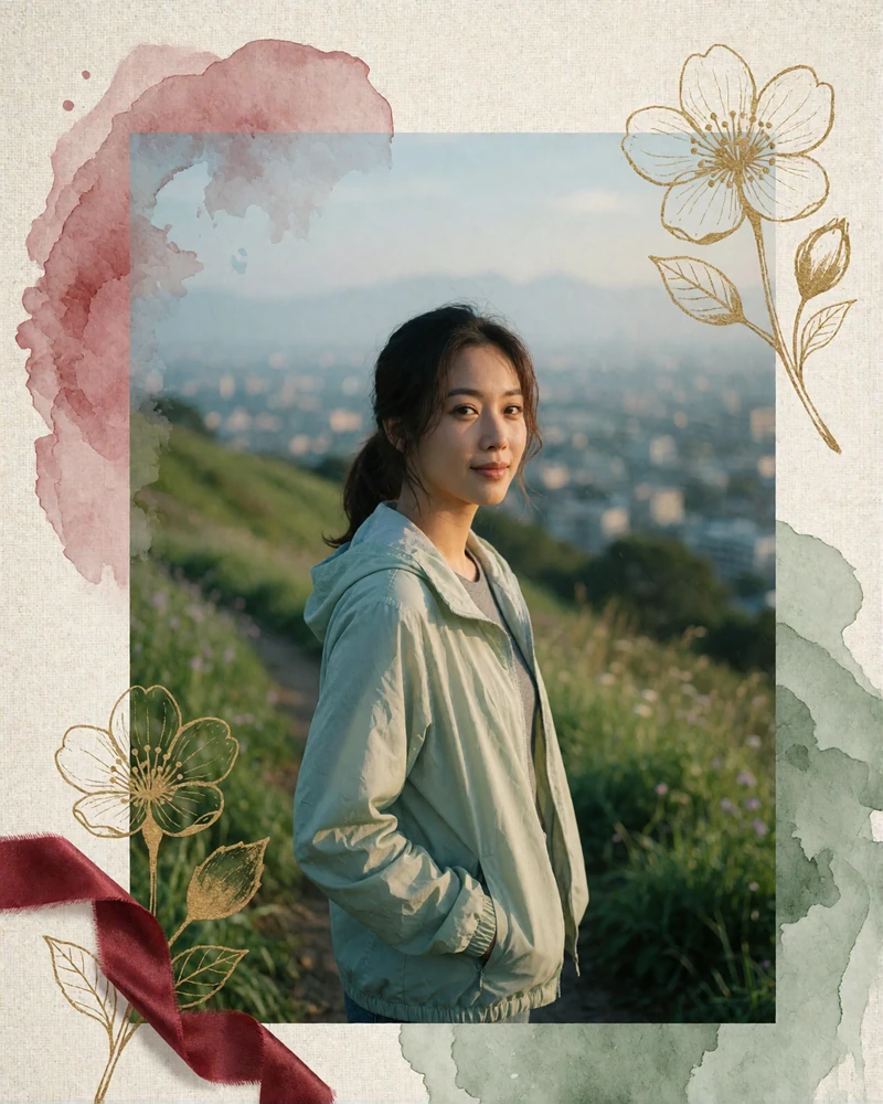 Taiwanese woman in a light windbreaker standing on a green hillside path above a hazy city valley