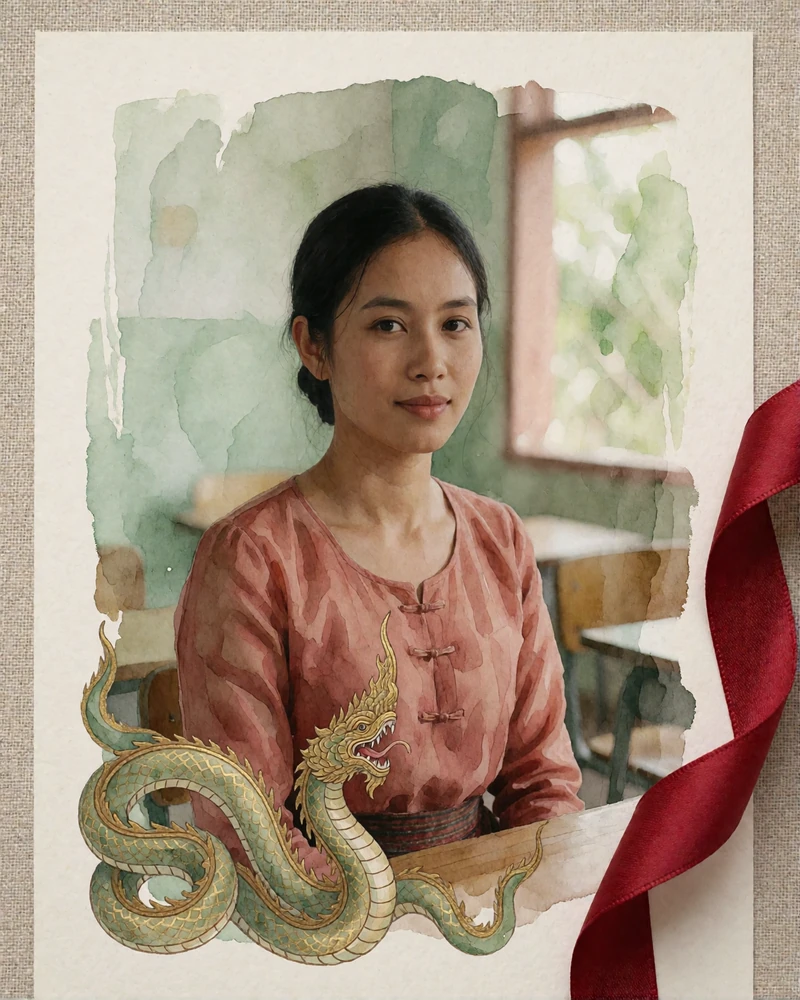 Laotian woman seated with a gentle smile in a pale classroom setting in Pakse