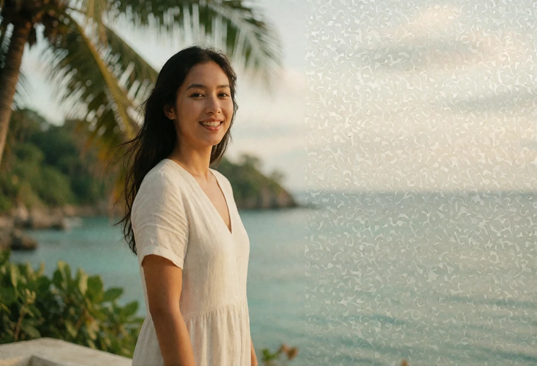 Filipina woman in a white linen dress smiling on a coastal terrace in Cebu at sunset