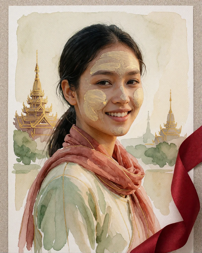 Burmese woman with thanaka on her cheeks wearing a terracotta scarf, smiling near ancient Bagan temple silhouettes