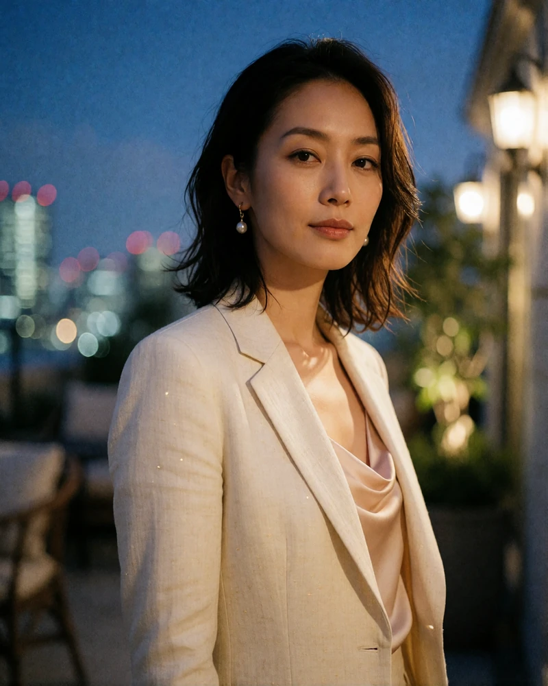 Japanese woman in an ivory blazer standing on a Tokyo rooftop terrace at dusk
