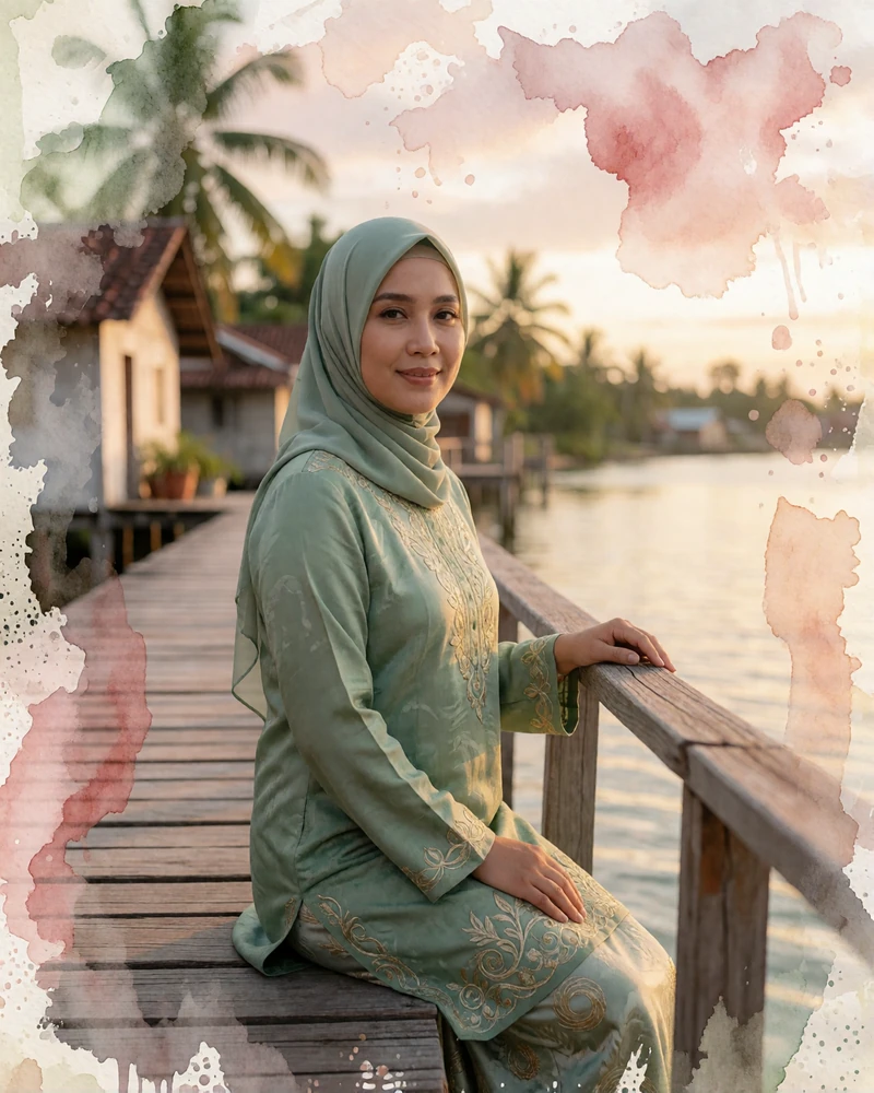 Bruneian woman in a sage green baju kurung with gold embroidery standing on a wooden riverside boardwalk near stilt houses