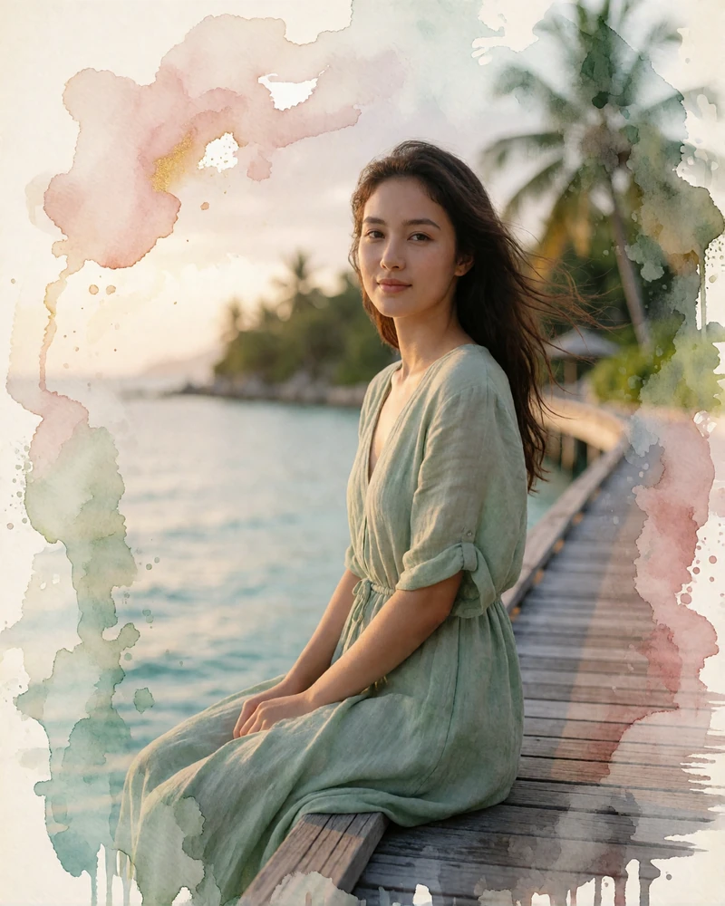 Malaysian hospitality professional in a sage linen dress standing on a wooden walkway above turquoise water near Langkawi