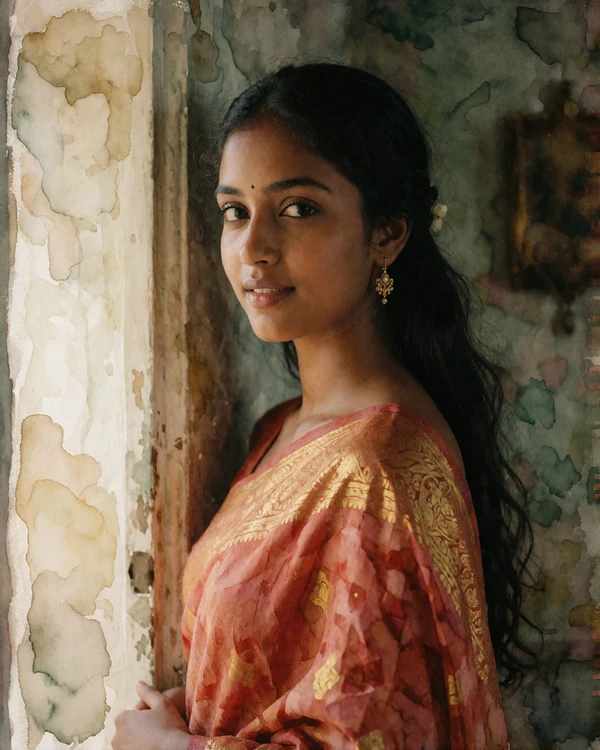 Sri Lankan woman in a terracotta and gold sari drape standing in a sunlit doorway in Jaffna