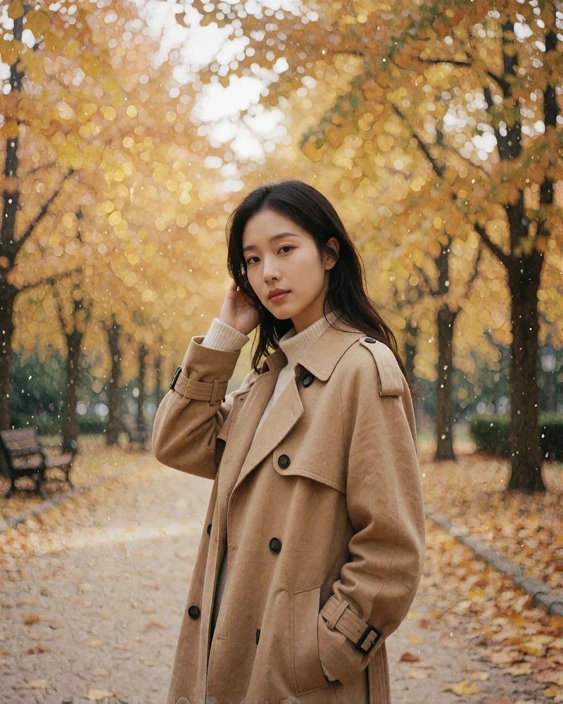 Korean woman in a camel trench coat walking a tree-lined autumn park path