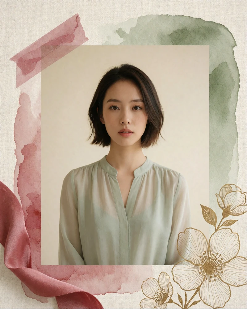 Taiwanese woman with a soft bob and light natural makeup wearing a pale sage blouse in a studio portrait