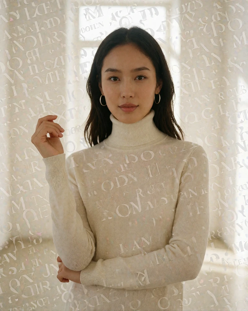Mongolian woman in an ivory turtleneck smiling in a bright minimalist gallery space in Ulaanbaatar