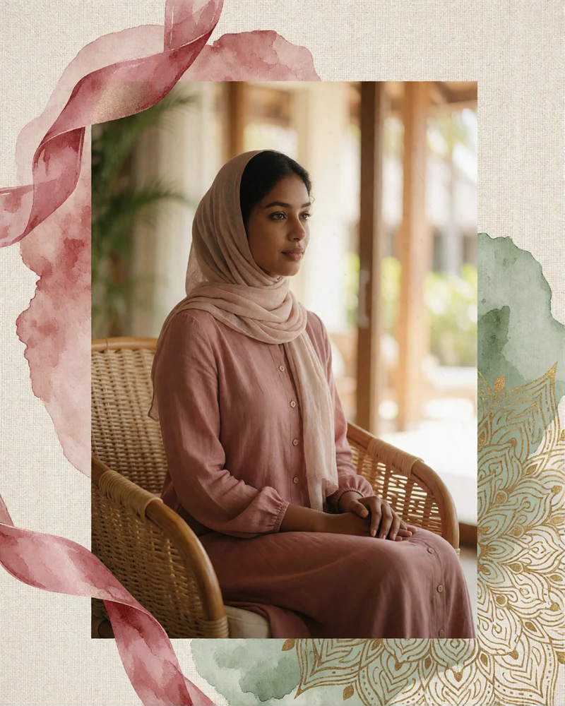 Maldivian woman in a dusty rose dress with a light headscarf seated inside a bright resort lounge