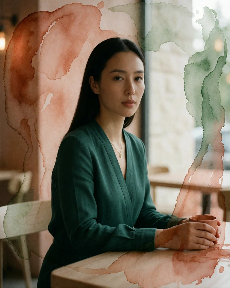 Kazakh woman in a tailored emerald blouse seated at a café table in Astana