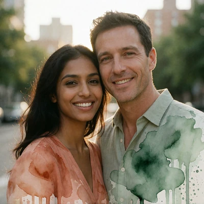 Smiling Indian woman and Western man standing close together outdoors, a MatchAsian member couple