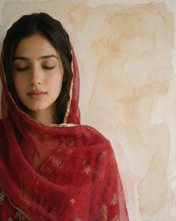 Pakistani woman wearing a crimson chiffon dupatta with a gold border, photographed against a warm sand wall in Karachi