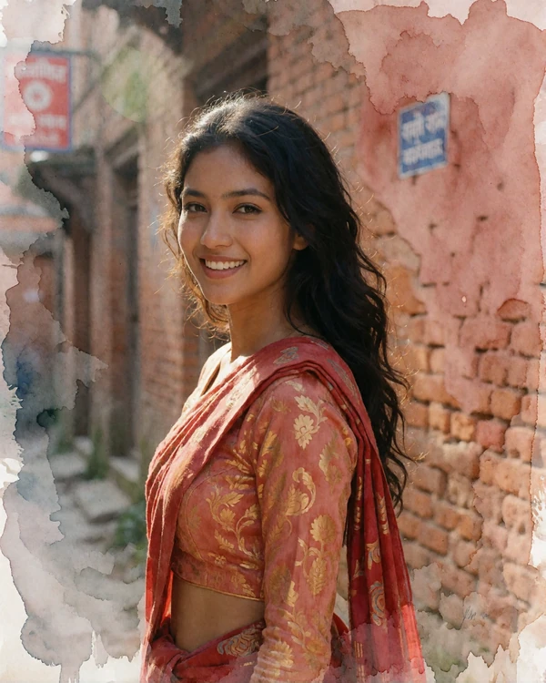 Nepalese woman in a terracotta and gold traditional blouse smiling in a narrow old-town lane in Bhaktapur
