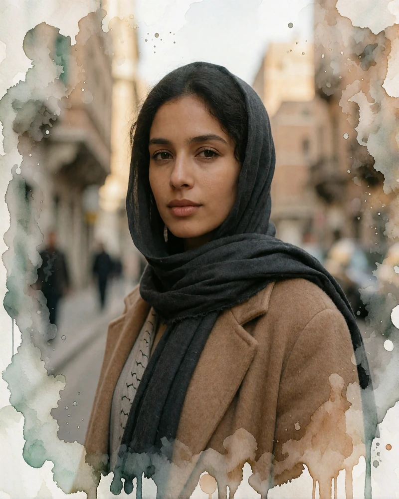 Yemeni woman in a charcoal headscarf and camel-toned coat on a softly blurred city street abroad