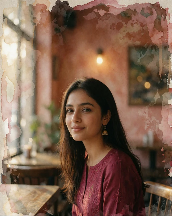 Pakistani woman in a maroon embroidered kurta smiling at a sunlit cafe table in Lahore
