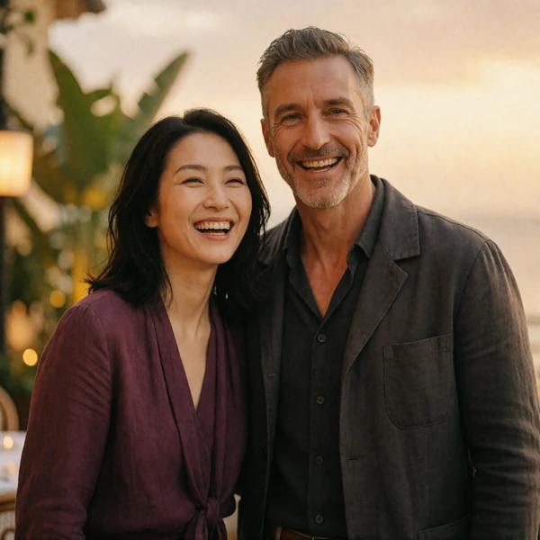 Japanese woman and Western man laughing together on a Tokyo restaurant terrace