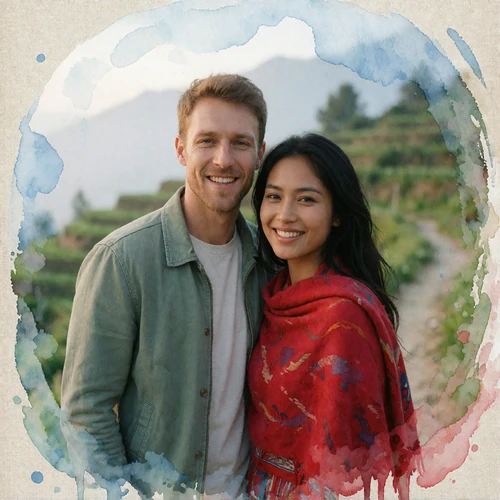 Smiling couple standing close together on a hillside path in soft morning light, an example of a documented MatchAsian success story