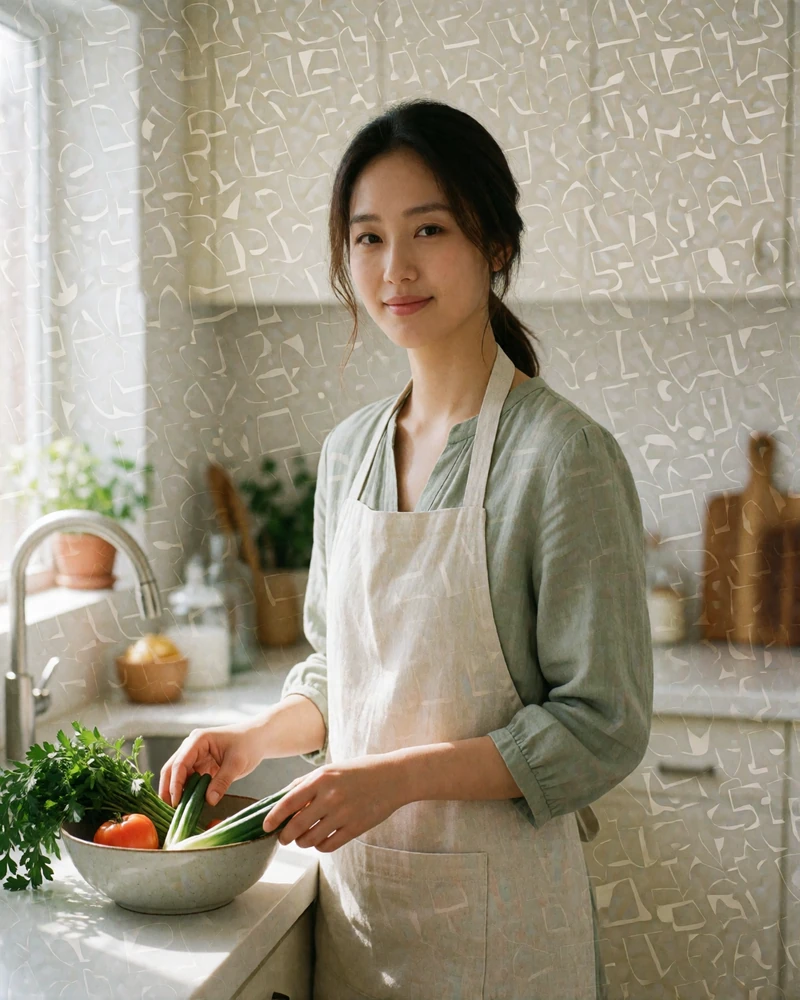 Korean woman in a linen apron arranging vegetables at a bright kitchen counter