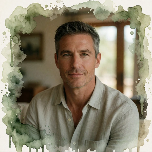 Western man in his late forties smiling in a softly lit interior