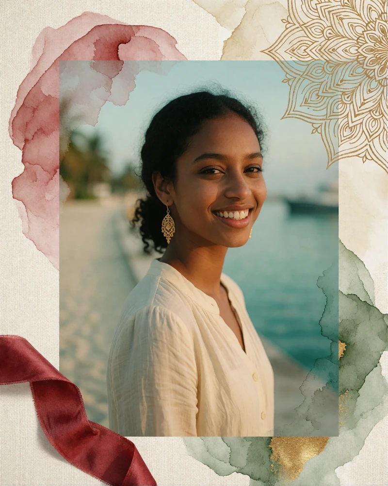 Maldivian woman in a cream blouse with a bright smile near a harbor promenade and pale turquoise water
