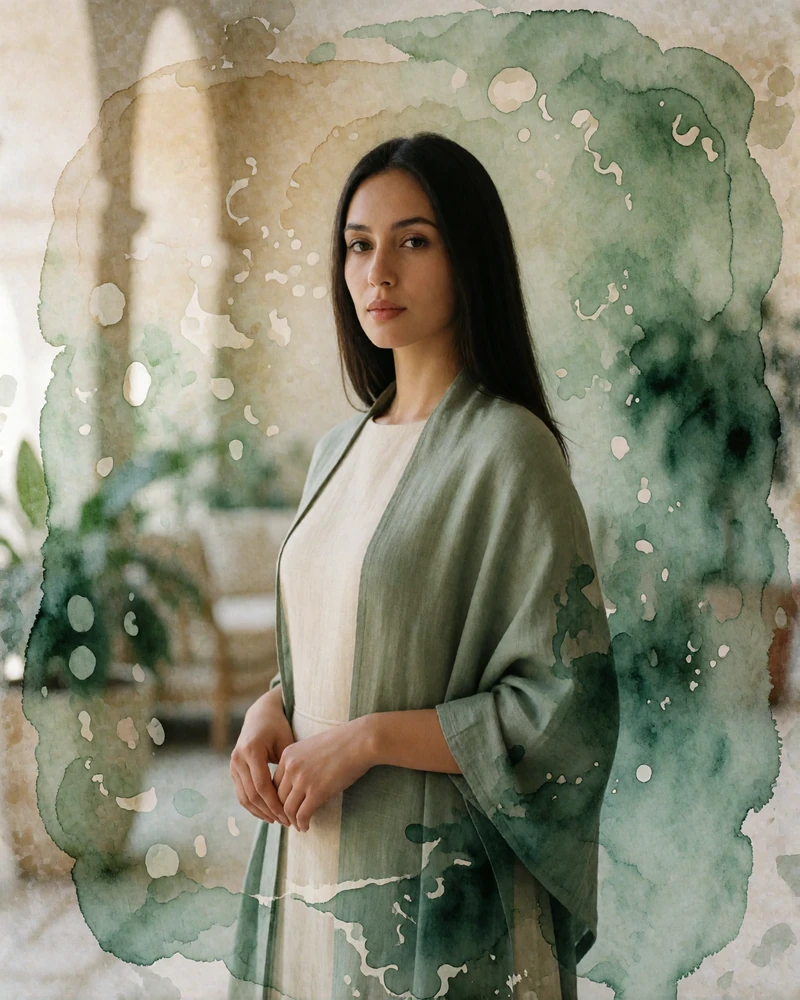 Tajik woman in her early thirties in a sage shawl standing in a quiet hotel interior in Bokhtar