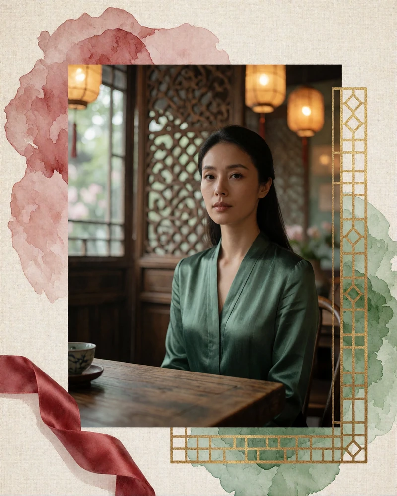 Chinese woman in a deep green silk blouse seated in a quiet traditional teahouse with warm lanterns