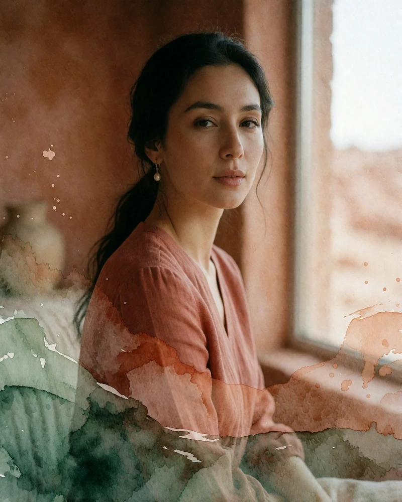 Kyrgyz woman in a muted terracotta blouse seated near a window with a calm confident expression in Osh