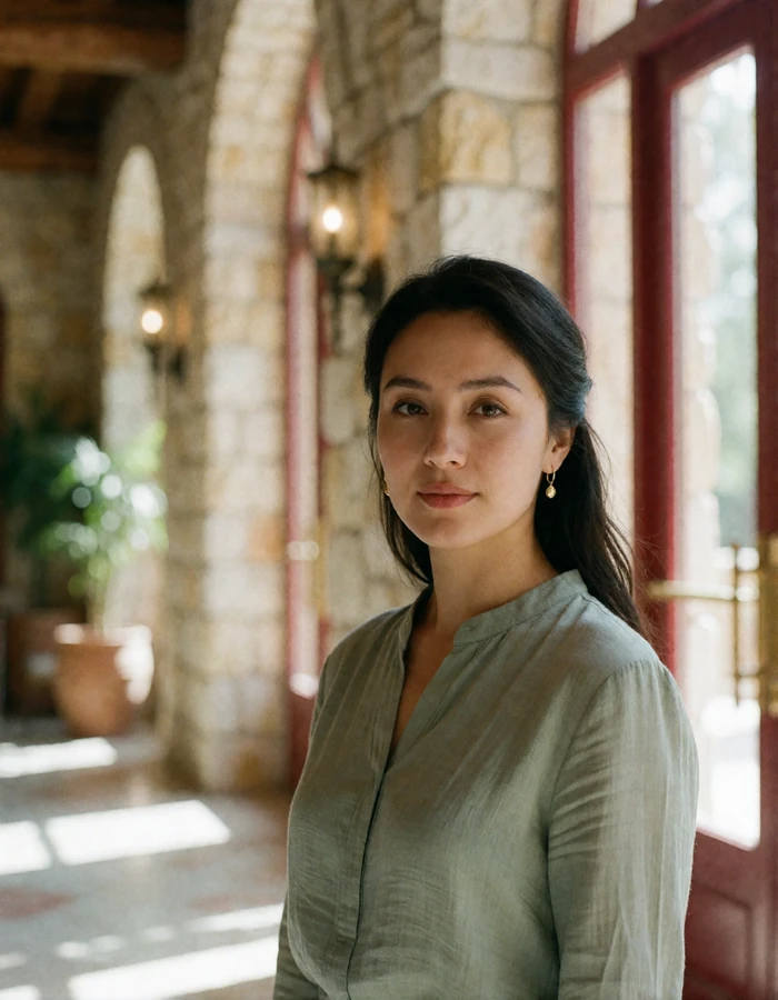 Verified Kazakh member in a sage blouse standing in a bright stone and timber hotel lobby in Almaty