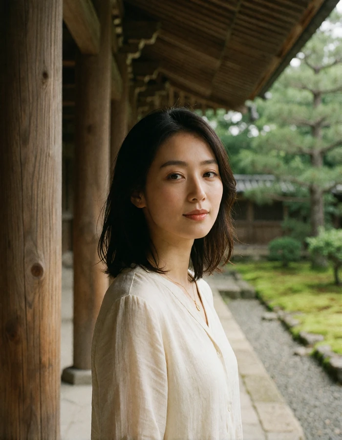 Verified Japanese member in an ivory blouse beside a wooden temple corridor in Kyoto