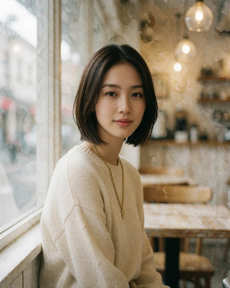 Japanese woman with a sleek bob smiling by a café window in Osaka