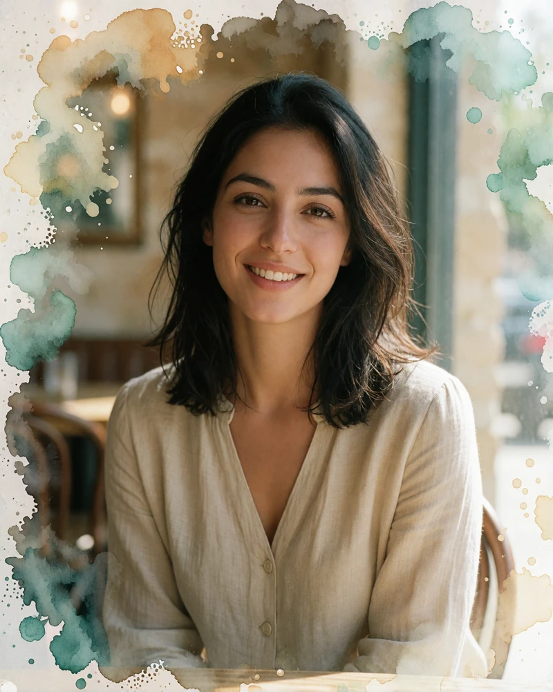 Jordanian woman in a sand-colored blouse smiling at a café table in Amman
