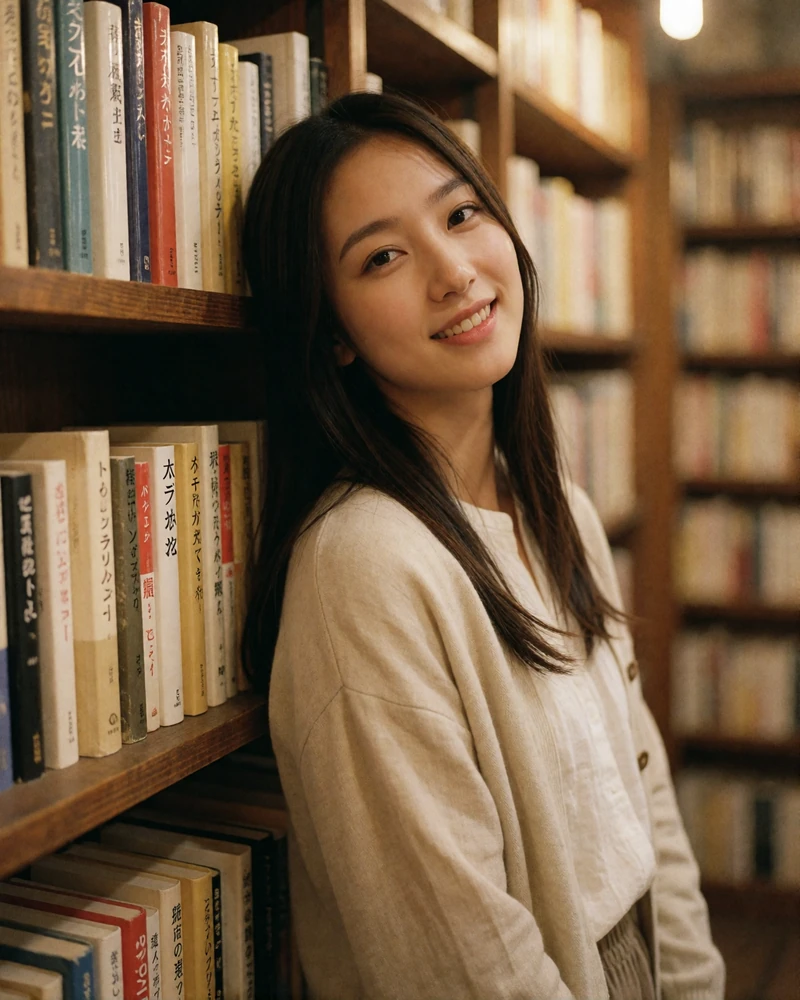 Japanese woman smiling warmly while browsing a quiet bookshop