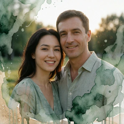 Kazakh woman and Western man smiling together outdoors, a couple who met through MatchAsian