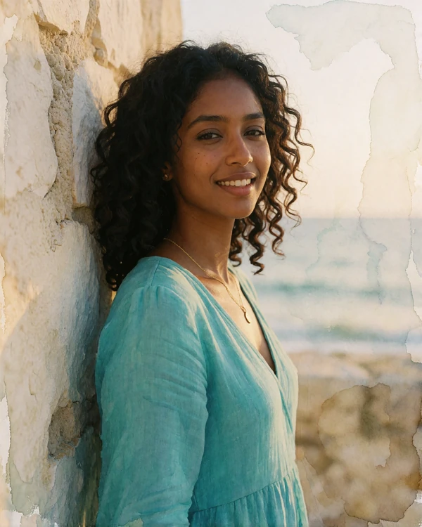 Sri Lankan woman in a turquoise linen dress smiling near a weathered stone wall by the sea in Galle