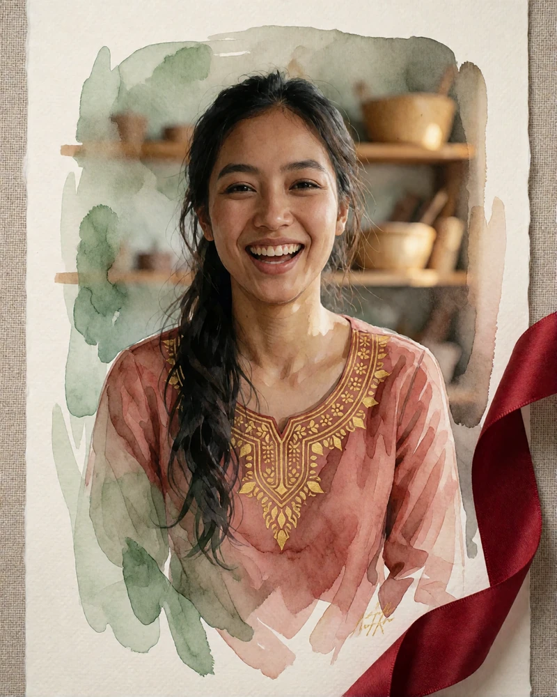 Khmer woman in a terracotta blouse laughing lightly inside a warm workshop interior in Battambang